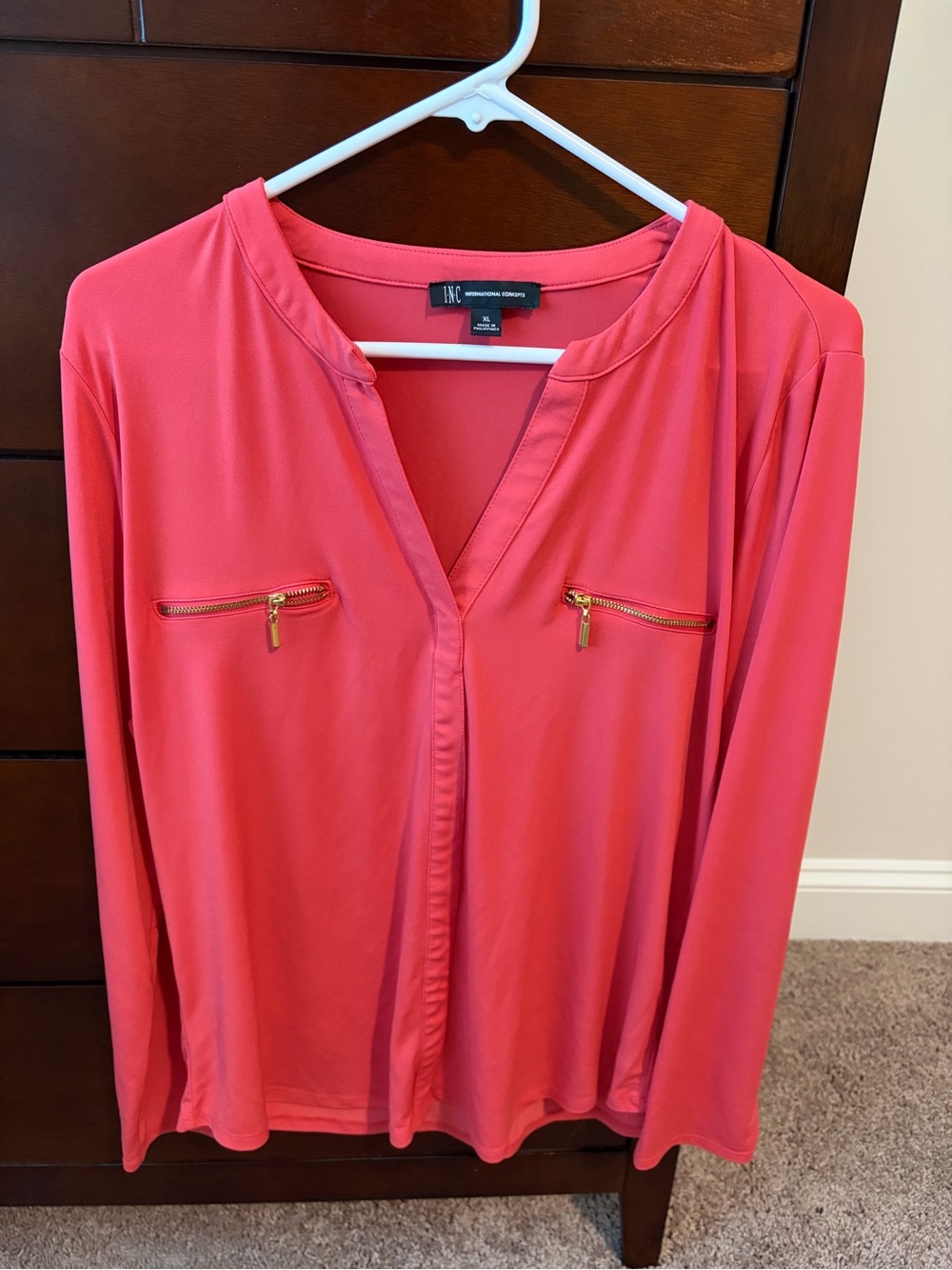 INC International Concepts Coral Zip-Pocket V-Neck Long Sleeve Blouse